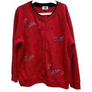 Vintage 90s C&K Design Music Notes Cardigan Womens XL Red Embroidered Grandma